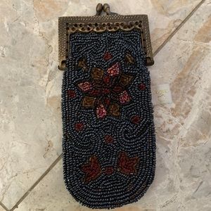 NWOT VTG K C Embroidered Green Orange Brown Beaded Hand Design Coin Wallet/Purse